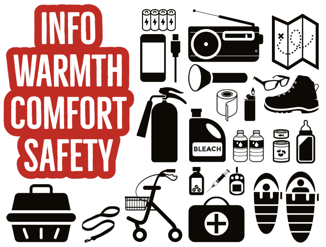 Text says: Info, warmth, comfort, safety. Images include: cell phone, charger, batteries, radio, flashlight, map, boots, glasses, lighter, toilet paper, fire extinguisher, bleach, water, canned food, baby bottle, sleeping bags, glucose monitor, syringe, pills, medical kit, walker, leash, and pet carrier. 