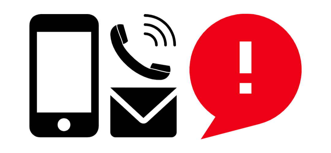 Icons of cell phone, email, landline phone, and chat bubble with an exclamation mark. 